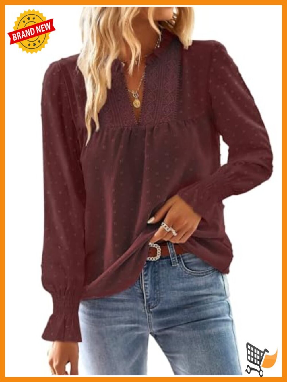 Womens Boho Flowy Blouse V-Neck Crochet Lace Long Sleeve Dressy Casual Top